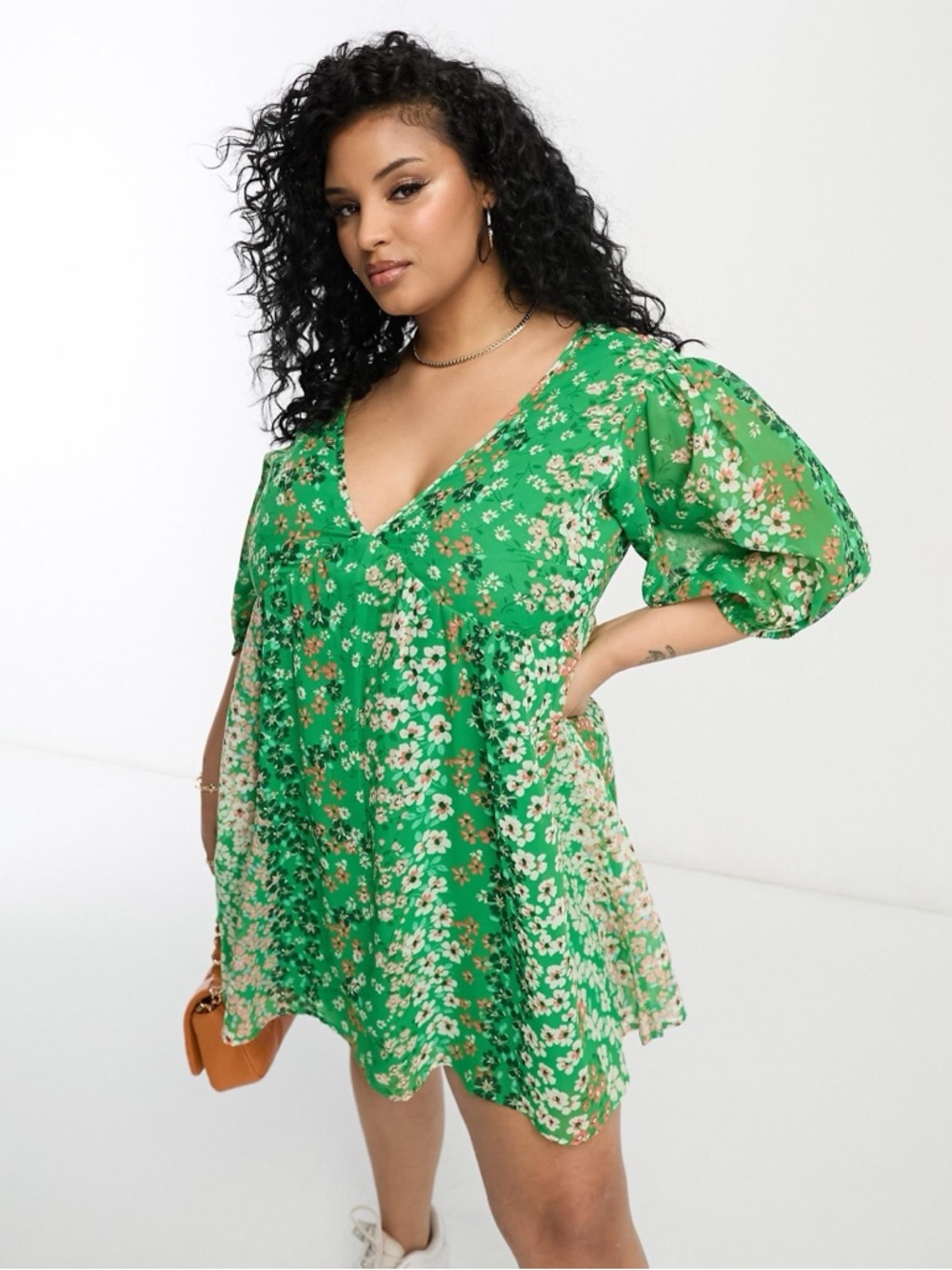 Green Floral V-Neck Babydoll Dress